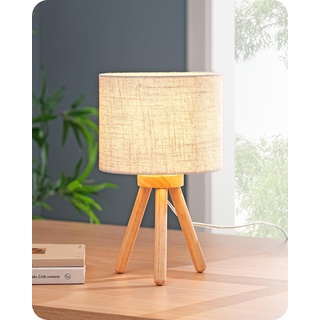 EDISHINE Nachttischlampe Holz, Tischlampe Vintage, Stativ Kleine Tischleuchte, Retro Landhaus, E27 LED Birne, Lampenschirm aus Leinen, für Deko Schlafzimmer, Wohnzimmer, Geschenk, Beige