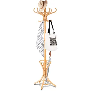FANTASK 184cm Garderobenständer Holz, Kleiderständer mit Schirmhalter und 12 Kleiderhaken, Jackenständer für Flur, Wohnzimmer und Schlafzimmer (Natur)