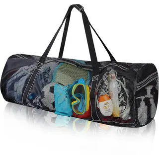 SilverChry Extra Große Netztasche für Tauchen, 90 * 37 * 37cm Tauchen Strand Tasche, Netztasche Handtasche, Faltbare Netztasche für Tauchen, Badetaschen Strandtaschen mit Reißverschluss (Schwarz-XL)