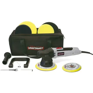 Dino Kraftpaket 9mm-650W Exzenter Poliermaschine für Auto Boot KFZ im Set mit Stützteller Polierpads und Tasche, 125mm+150mm, Grau