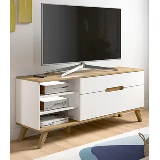 TV-Lowboard "Hygge" weiß und Eiche TV Unterteil skandinavisch 140 cm, Soft-Close - Weiß, Naturbelassen