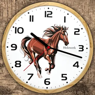 Holzwerk BELLA Mädchen & Jungen, Kinder Holz Wanduhr, Pferde Motiv, weiß, braun - Weiß, Beige, Braun