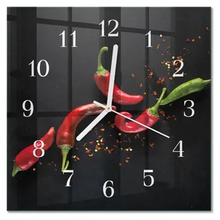 Tulup Glasuhr Wanduhr Küchenuhr Echt-Glas 30x30 cm Modern Dekorativ Geräuschlos Weiße Zeiger - Chilischoten - Schwarz
