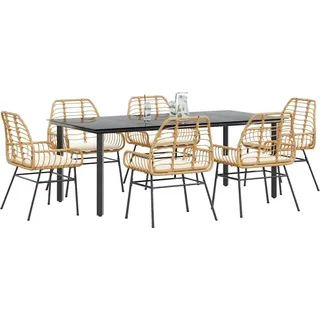 vidaXL 7-tlg. Garten-Essgruppe mit Kissen Braun Poly Rattan Glas - Braun