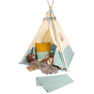 Pinolino Tipi Zelt für Kinder – Yuma Spielzelt | Indianerzelt mit Fenster, Bodenmatte & Girlande, 120×120×155 cm, schnell montiert, naturweiß/Pastellblau