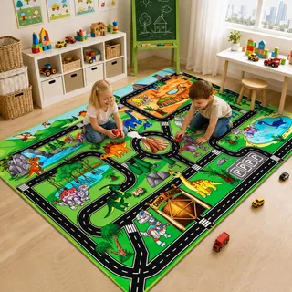 DINSUMRUG Kinderteppich Autospielteppich Roboter-Dinosaurierpark Straße 150×100 cm Dino-Straßenteppich für Spielzeugautos Jurassic-Thema Spielteppich für Kinder, Kleinkinder, Kinderzimmer
