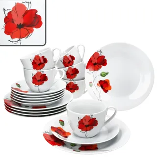 MamboCat Mona 18tlg Kaffeeservice I florales Porzellan Geschirr mit Mohnblüten Dekor in Weiß-Rot I 6 Personen I je 6X Kaffeetasse 160ml, Untertasse & Kuchenteller für Frühstück & Kaffee