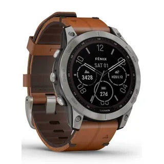 Garmin fenix 7 Sapphire Solar Titanium Titan mit braunem Lederarmband