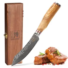 zayiko Minami Exklusives Premium Steakmesser mit 12 cm Klinge gefertigt aus 67 Lagen echtem Damaststahl mit Hammerschlag und Olivenholzgriff I Holzbox I Damastmesser Küchenmesser und Profi Kochmesser