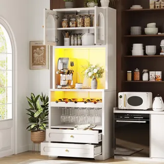 Flieks 180cm Hochschrank mit gewölbten Glastüren, LED-Beleuchtung, Küchenschränke mit einstellbare Böden, Weinregal, USB-Anschluss, Sideboard, Weiß - Weiß