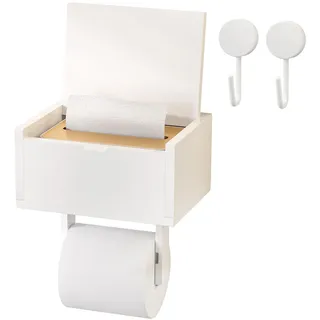 Yorbay Toilettenpapierhalter ohne Bohren, Bambus Klopapierhalter mit Feuchttücherbox und 2 Haken,WC Rollenhalter für Badezimmer, Selbstklebend or Bohre