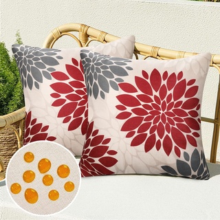 Outdoor Kissenbezug Wasserdichte 45x45 Deko Kissen Rot und Grau Dahlie Boho Frühling Sommer Leinen Wasserdichte Dekokissen Sofakissen Dekorativ für Wohnzimmer Schlafzimmer Sofa Garten Terrasse,2er Set