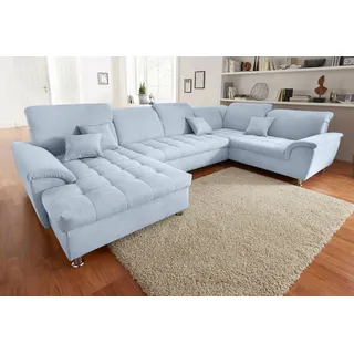 DOMO collection Wohnlandschaft »Franzi optional mit Bettfunktion, Bettkasten & Kopfteilverstellung« U-Form, Recamiere links, pastelblau, B/T: 344/206 cm, blau