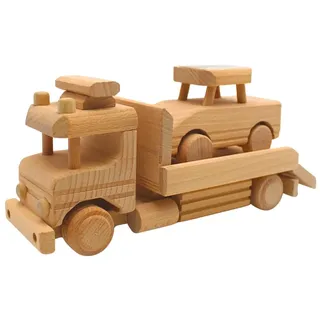 Dekohelden24 Nachhaltiger LKW als Modellauto, Dekoauto als Abschlepper, LKW mit PKW, Holzlaster mit PKW, Abschleppwagen aus Holz, L/B/H 28 x 9 x 11 cm.