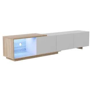Verstellbares TV Lowboard - Skandinavischer TV Schrank - Holz, 240x38x44 cm - LED Beleuchtung mit Sensor - 3 Schubladen + offenes Fach - Für Fernseher bis 165 cm - Weiß - Weiß