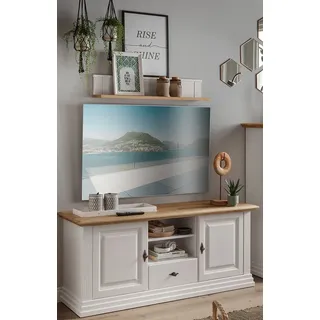 Wohnwand weiß ESBJERG-69 Landhausstil in Kiefer weiß lackiert mit Eiche massiv 2-teilig - Weiß