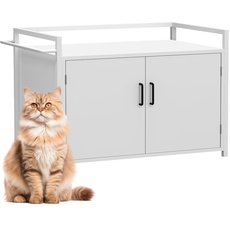 BAKAJI Katzentoilette mit seitlichem Eingang in Form Einer Katze, Mehrzweckschrank für Haustiere, 2 Türen, magnetischer Verschluss, Gestell aus Eisen, 75 x 55 x 51 cm (weiß)