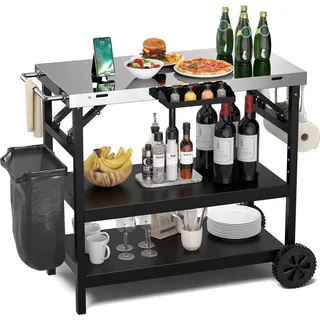 KOMFOTTEU Grillwagen klappbar, Grilltisch mit Edelstahl Arbeitsplatte, Outdoor Rollwagen mit 2 Rollen, Servierwagen Grill Trolley mit Verstellbarer Ablage, Handyhalterung & Handtuchhalter, Schwarz - Schwarz