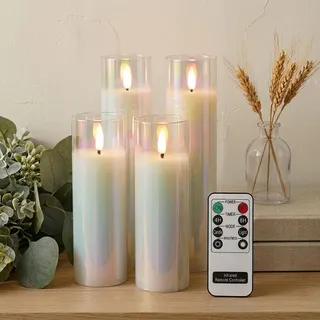 Rhytsing Flammenlose Kerzen im Perlmuttglas, 4er Set LED Kerzen im Glas mit Fernbedienung & Batterien, Kerzen mit violettem Kern & realistischem Flammenspiel - D 5 cm (Höhe 2x 15 cm, 2x 20,5 cm)