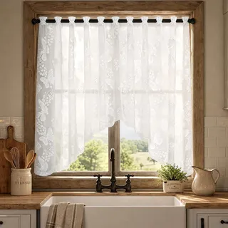 WOKICOR Gardinen Weiß 150 x 100 cm Scheibengardinen mit Schmetterlingen | Kurzgardinen aus Spitze für Küche Bad Wohnzimmer und kleine Fenster im modernen Landhausstil