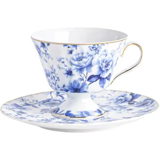 fanquare Vintage Teetasse und Untertasse Sets Blaue Porzellan Teetassen mit Blumenmuster,170ml Elegante Keramik Kaffeetassen für Hochzeits Party und Einzugsgeschenke