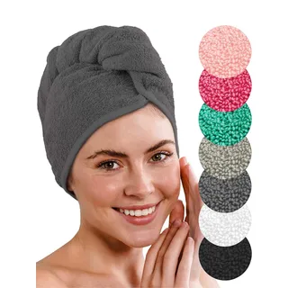 LAYNENBURG Premium Haarturban mit Knopf aus 100% Baumwolle - Haar-Handtuch inkl. 4 Haargummis - für Kurze und Lange Haare – Turban Handtuch ist schnelltrocknend und saugstark (anthrazit)