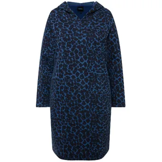 Ulla Popken Damen große Größen Übergrößen Plus Size Sweatkleid, Hoodie, Leomuster, offenkantig, Langarm Indigo 50+ 832142749-50+
