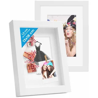 PHOTOLINI 3D Bilderrahmen zum Befüllen 13x18 Weiß, 1,5 cm tiefer Objektrahmen mit Glas, 2X tiefer Bilderrahmen 13x18 Holz MDF mit Passepartout, Dicker 3D Rahmen befüllbar für Gegenstände Geschenk