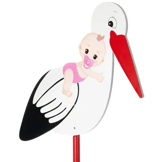 BRUBAKER Großer Storch aus Holz mit Baby Rosa - Klapperstorch zum Stecken für Innen und Außen - Geburt Babystorch für Mädchen - Geburtsgeschenk 100 cm groß, beidseitig bedruckt