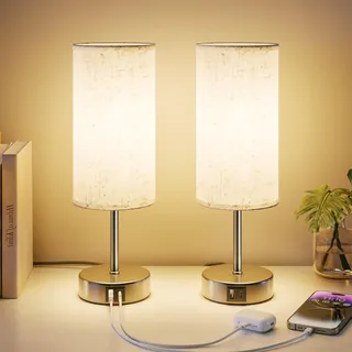 UPXNBOR Nachttischlampe 2er Set, Tischlampe mit USB-A & USB-C Ladefunktion