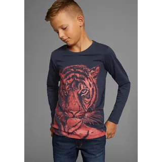 Langarmshirt KIDSWORLD "TIGER - Druck", Jungen, Gr. 128/134, blau (marine), Jersey, Obermaterial: 100% Baumwolle, bedruckt, Basic, Rundhals, Shirts Langarmshirt, Langarm, Basic-Passform, mit trendigem Druck, Rundhalsausschnitt, Topseller