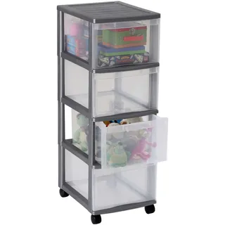 Rotho Rollcontainer OPTIMO Tower, stabiler Schubladencontainer mit 4 Schüben aus Kunststoff, silbernes Gehäuse und transparente Schubladen, ca. 38,5 x 30 x 85,3 cm