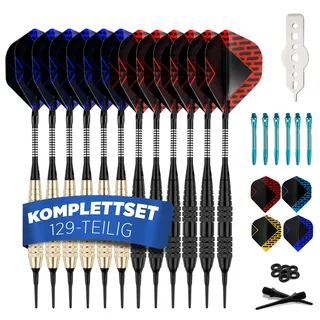 DartPro Dartpfeile mit Kunststoffspitze – 12 Dartpfeile für elektronische Dartscheibe [18g] – Softdarts Set inkl. 6 Alu Dart Schaft + 21 Dart Flights]
