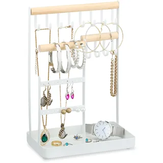 Relaxdays Schmuckständer, Schmuckaufbewahrung Ketten & Ohrringe, Schmuckhalter mit Ablage, Holz und Metall, weiß/natur