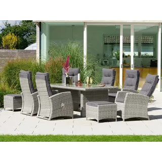 KONIFERA Garten-Essgruppe »Monaco«, (Set, 17 tlg., 6x Sessel, 2x Hocker, 1x Tisch 200x100x74cm, inkl. Auflagen), Polyrattan, Aluminium, Rückenlehne verstellbar KONIFERA grau