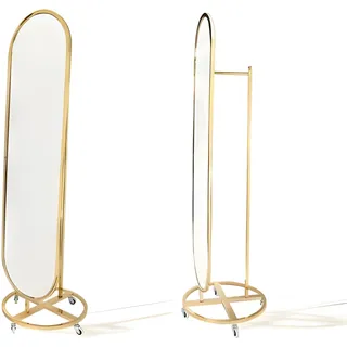 Ovaler Standspiegel in goldenem Metallrahmen auf rundem Sockel mit Rollen