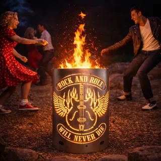 Feuertonne, Feuerkorb, Feuerschale, Lagerfeuertonne mit Motiv Rock and Roll - Will never die