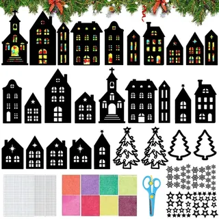 TUIBEIDAMAI 32 Stück Weihnachten Basteln Kinder Fenster, Weihnachts Bastelset Fensterbilder, Haus, Weihnachtsbaum, Terne, Bunte Weihnachten Deko, Kreatives DIY Bastelset Weihnachte Kinder