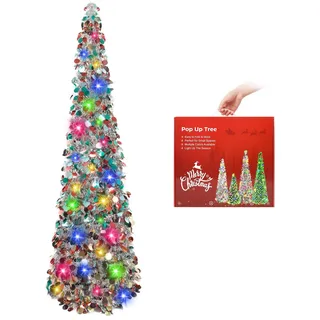 N&T NIETING Künstlicher Weihnachtsbaum mit Beleuchtung, Pop Up Weihnachtsbaum 150cm, Pailletten Weihnachtsbaum künstlich Weihnachtsdeko für Weihnachten, Partybedarf, Haus Dekoration, Silberfarben