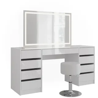 Vicco Schminktisch Sherry, 158.2 cm mit LED-Spiegel und Hocker, Weiß/Weiß Hochglanz - Weiß,