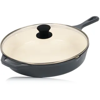 Mahlzeit Gusseisenpfanne mit Deckel emailliert | Ø 29,5 cm | Blue Berry | Bratpfanne mit zwei Ausgießern | Grillpfanne Deckel, Universalpfanne, Gusspfanne, Bratpfanne mit Deckel, Hoher Rand, Pfannen