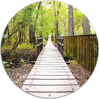 Wallario rundes Outdoor-Poster für Garten oder Balkon, Motiv Spaziergang im Wald Holzweg über einen Fluss, 120 cm Durchmesser - Gelb