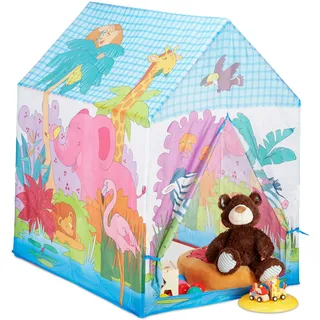 Relaxdays 10024756 Spielzelt Dschungel Tiere, f. Kinderzimmer, Outdoor, ab 3, Stoff, Safari Kinderzelt HBT 102 x 72 x 95 cm, bunt