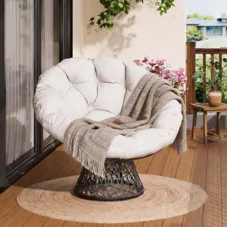 GarveeHome Papasansessel, gemütlicher Drehsessel mit Kissen rund, bequemer Rattansessel, Loungesessel drehbar, runder Relax Korbsessel Rattan für Wohnzimmer, Leseecke, Lounge