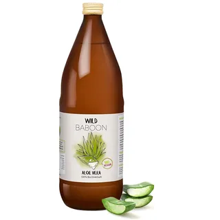 Wild Baboon Bio Aloe Vera Saft, 100% Direktsaft, 1200mg/Liter Aloverose, 1 Liter, nachhaltiger Anbau durch Familienbetrieb, Braunglas, Vegan, DE-ÖKO-005