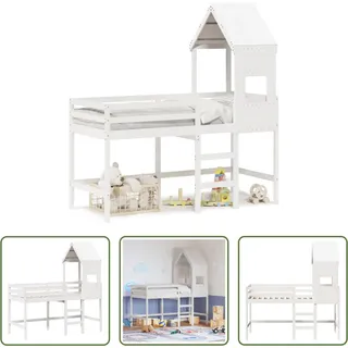 The Living Store Hochbett mit Leiter und Dach Weiß 90x190 cm Massivholz Kiefer - Weiß