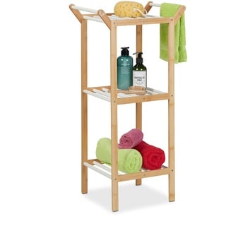 Relaxdays Bathroom Shelf Badregal, 3 Badezimmerablagen, 2 Handtuchhalter, Standregal HxBxT: 85 x 41,5 x 30 cm, Bambus, weiß/Natur