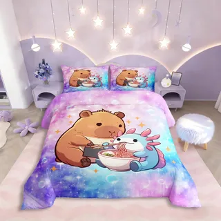 Homewish Capybara Axolotl Druck Bettwäsche 135x200cm Cartoon Tiere Bettbezug Set für Jungen Mädchen Jugendliche Kinder,Ombre Regenbogen Bettwäscheset Blase Sternenhimmel Bett Set Raumdekor Dekor
