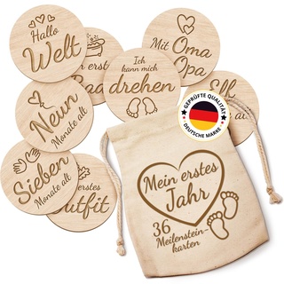 Meilensteinkarten Baby Holz deutsch, 36 Meilensteine auf edlen Holzscheiben, Baby Monatskarten, Geschenk Karten für Neugeborene, Geburt, Babyparty, Babyshower Babykarten