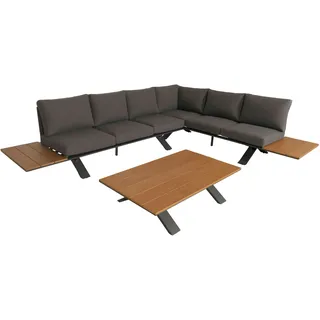 Mendler Aluminium Garten-Garnitur HWC-M62, Sitzgruppe Garten-/Lounge-Set Sofa, Holzoptik ~ Gestell anthrazit, Polster dunkelgrau